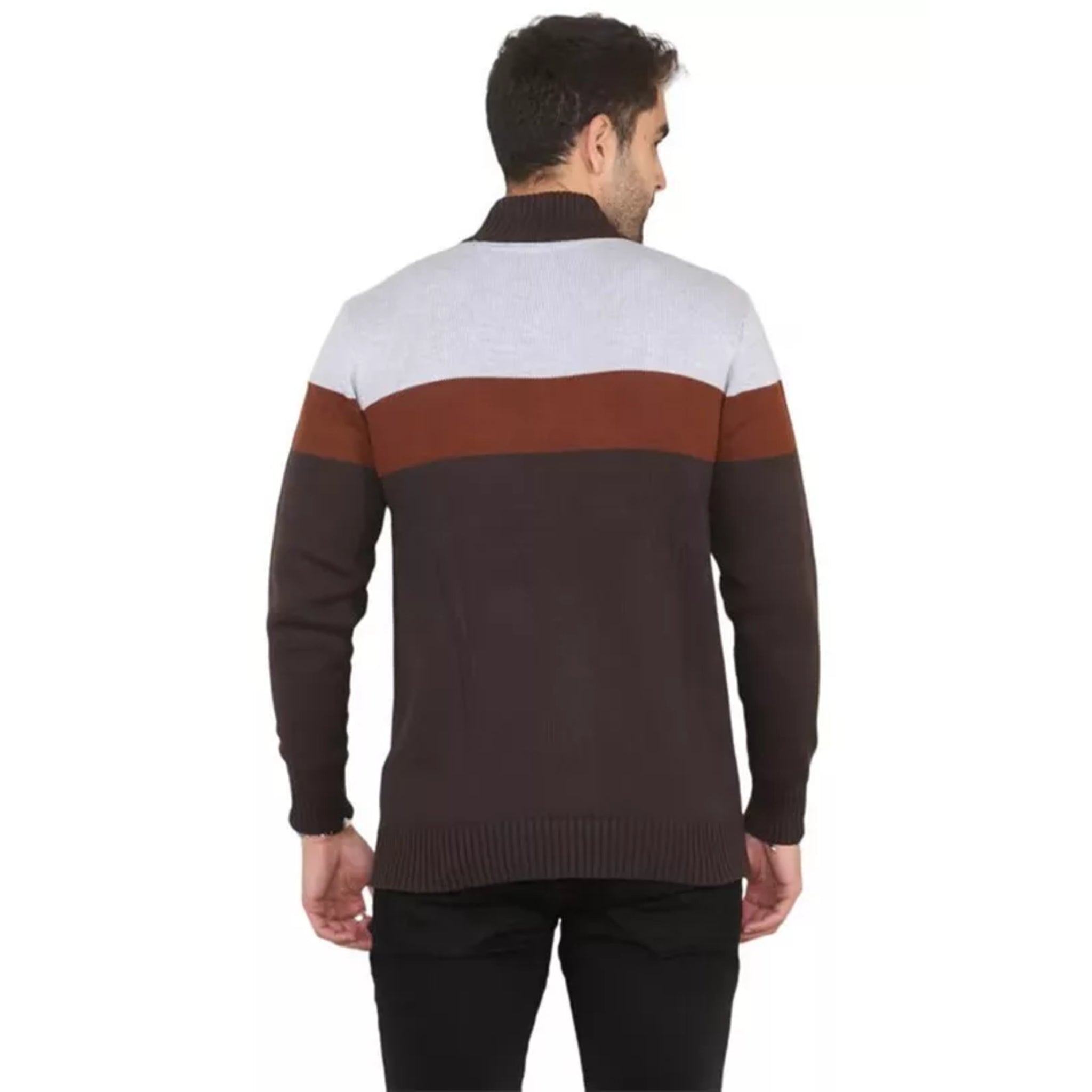 Men's chestnut and grey colour block 1/4 zip cotton jumper with high collar